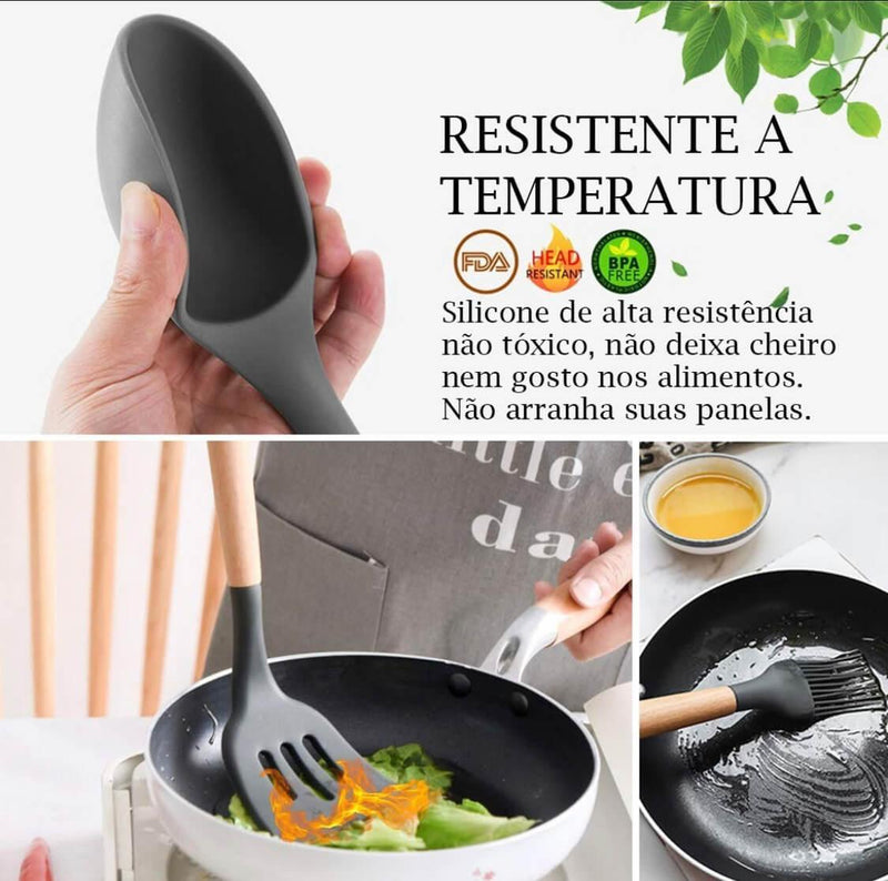 Kit Utensílios de Cozinha Silicone com Cabo de Madeira - 12 Peças - PoliStore