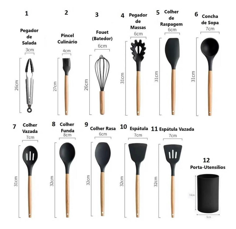 Kit Utensílios de Cozinha Silicone com Cabo de Madeira - 12 Peças - PoliStore