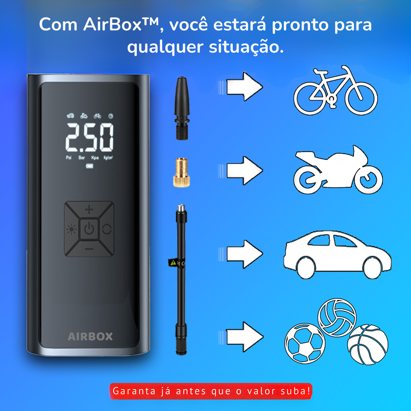 AirBox™ - A solução definitiva para problemas com pneus! Viaje sem preocupações!