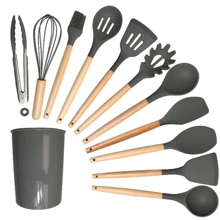 Kit Utensílios de Cozinha Silicone com Cabo de Madeira - 12 Peças - PoliStore