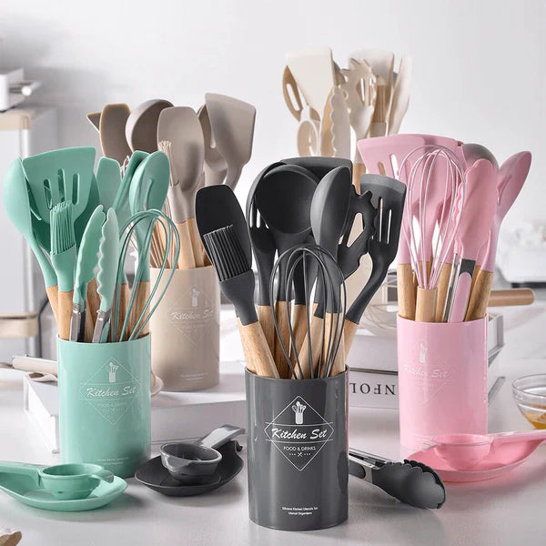 Kit Utensílios de Cozinha Silicone com Cabo de Madeira - 12 Peças - PoliStore