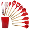 Kit Utensílios de Cozinha Silicone com Cabo de Madeira - 12 Peças - PoliStore