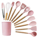 Kit Utensílios de Cozinha Silicone com Cabo de Madeira - 12 Peças - PoliStore