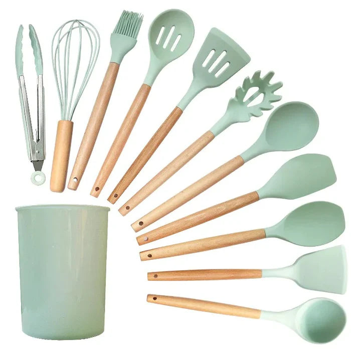 Kit Utensílios de Cozinha Silicone com Cabo de Madeira - 12 Peças - PoliStore