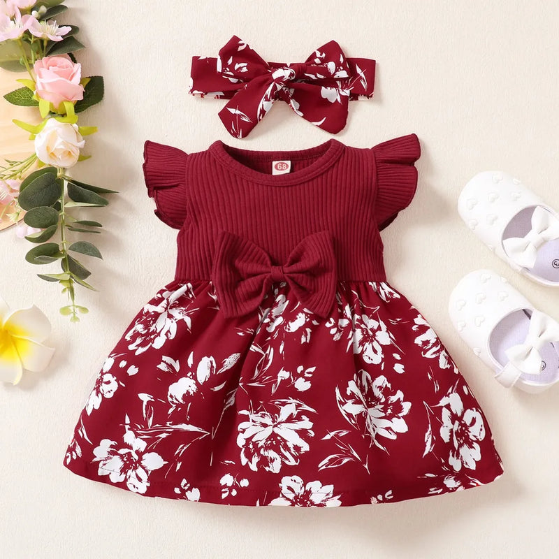 Conjunto Vestido Floral e Lacinho Bebê